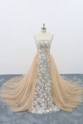 Champagne Prom Dress Tulle Lace Long Formal Evening Dress