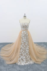 Champagne Prom Dress Tulle Lace Long Formal Evening Dress
