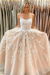 Champagne Prom Dress Tulle Lace Long Formal Evening Dress