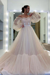 Champagne Prom Dress Tulle Lace Long Formal Evening Dress