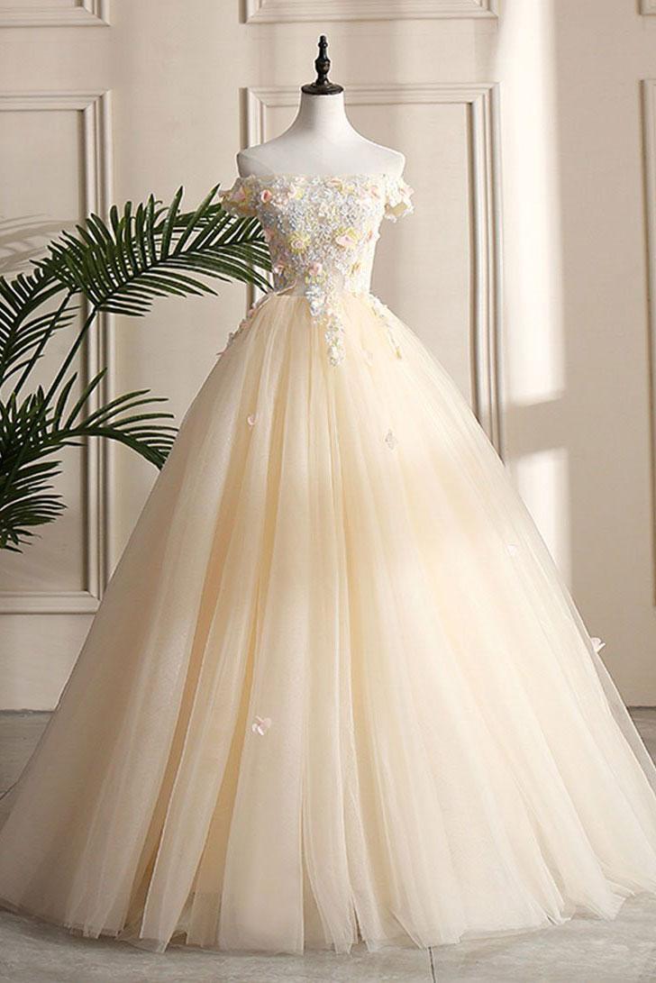 Champagne Prom Dress Tulle Lace Long Formal Evening Dress