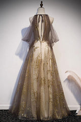 Gold Prom Dress Tulle Lace Long Formal Gown Evening Dress