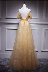 Yellow Prom Dress Tulle Lace Long Formal Gown Evening Dress
