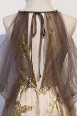 Gold Prom Dress Tulle Lace Long Formal Gown Evening Dress