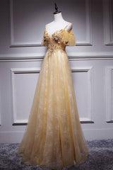 Champagne Prom Dress Tulle Lace Long Formal Gown Evening Dress