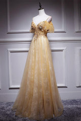 Yellow Prom Dress Tulle Lace Long Formal Gown Evening Dress