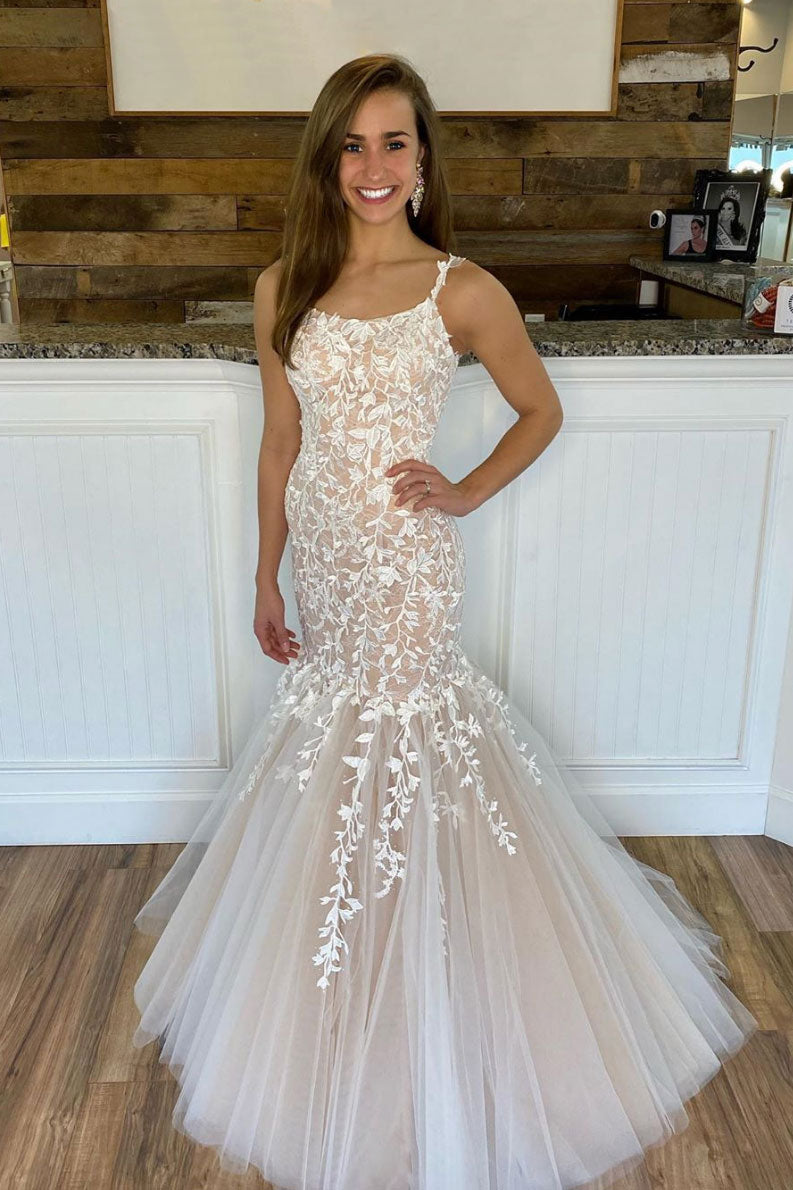 Champagne Prom Dress Tulle Lace Mermaid Long Formal Evening Dress