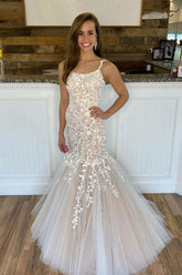 Champagne Prom Dress Tulle Lace Mermaid Long Formal Evening Dress