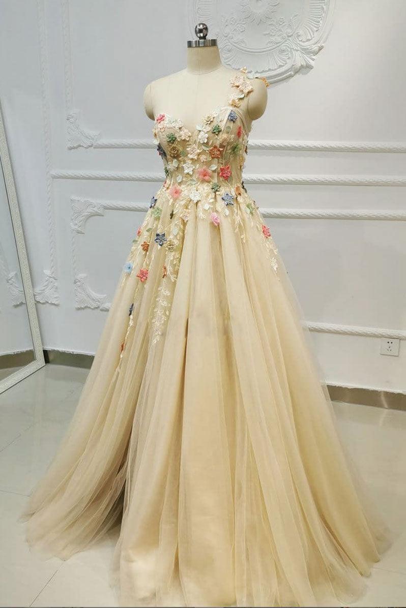 Champagne Prom Dress Tulle Lace One Shoulder Long Formal Gown Evening Dress