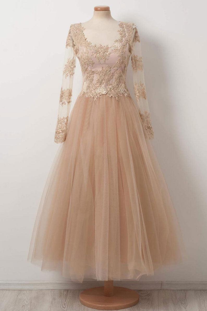 Champagne Prom Dress Tulle Lace Tea Length Evening Dress