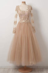 Champagne Prom Dress Tulle Lace Tea Length Evening Dress
