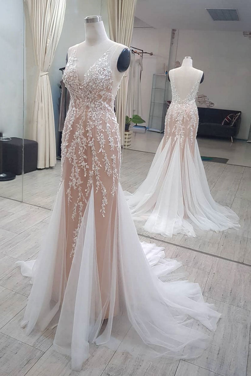 Champagne Prom Dress Tulle Mermaid Long Lace Evening Dress