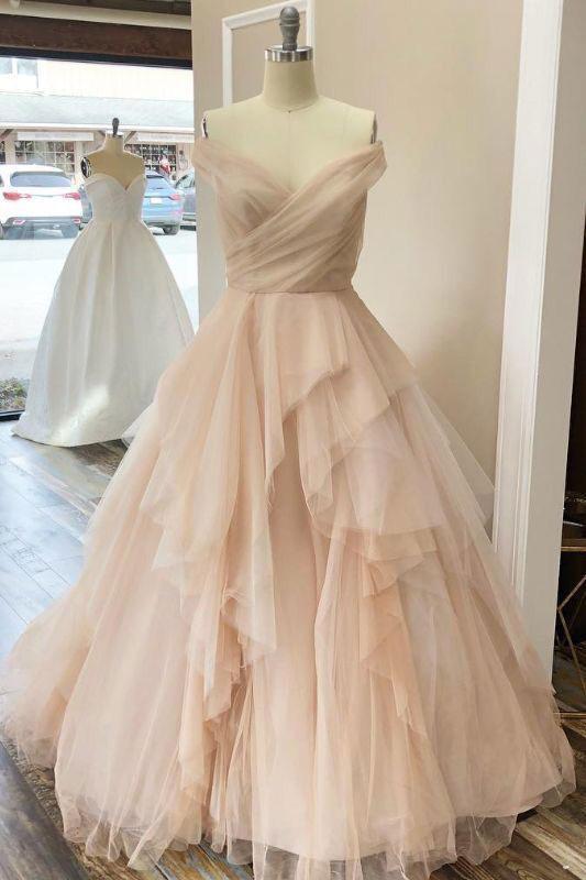 Champagne Prom Dress Tulle Off the Shoulder Long Evening Gown Evening Dress