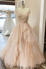 Champagne Prom Dress Tulle Off the Shoulder Long Evening Gown Evening Dress