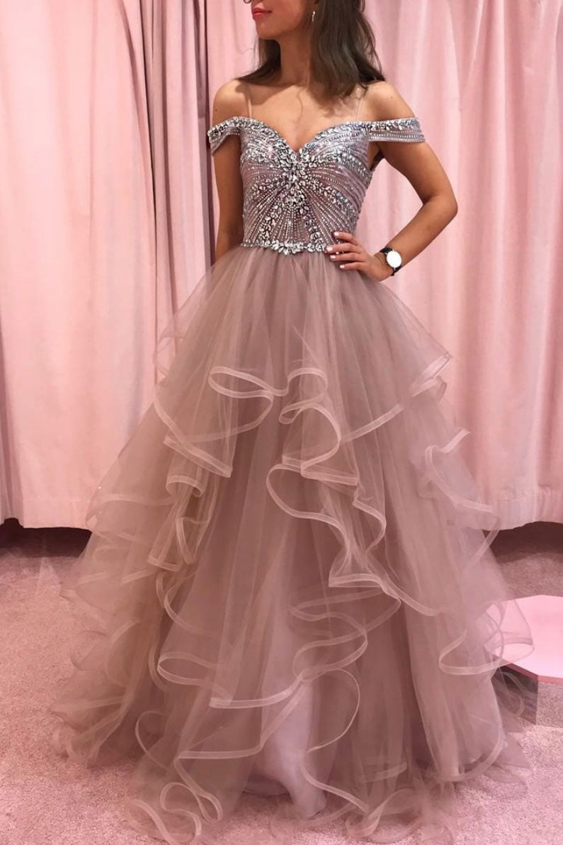 Champagne Prom Dress Tulle Off the Shoulder Long Formal Evening Dress