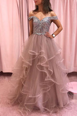 Champagne Prom Dress Tulle Off the Shoulder Long Formal Evening Dress