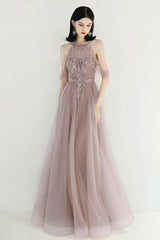 Champagne Prom Dress Tulle Sequin Beaded Long Evening Dress