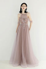 Champagne Prom Dress Tulle Sequin Beaded Long Evening Dress