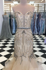 Champagne Prom Dress Tulle Sequin Beaded Long Formal Gown Evening Dress