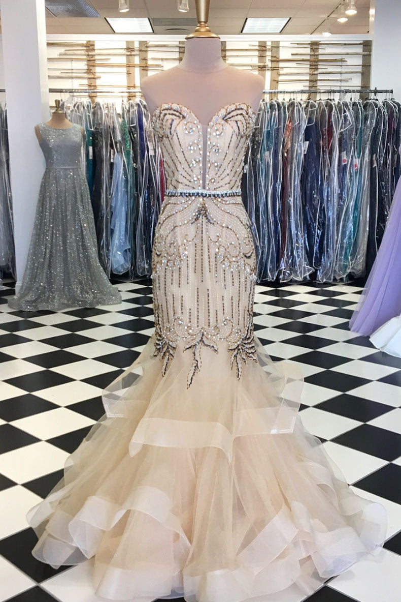Champagne Prom Dress Tulle Sequin Beaded Long Formal Gown Evening Dress