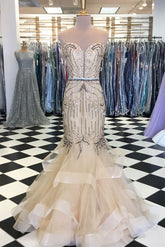 Champagne Prom Dress Tulle Sequin Beaded Long Formal Gown Evening Dress