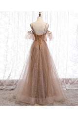 Champagne Prom Dress Tulle Sequin Long Formal Dress Evening Dress