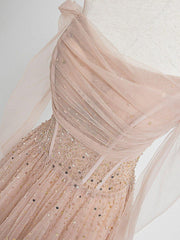 Light Pink Prom Dress Tulle Sequin Long Formal Dress Evening Dress
