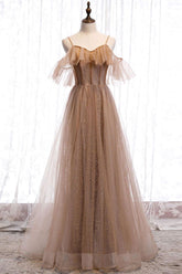 Champagne Prom Dress Tulle Sequin Long Formal Dress Evening Dress