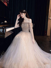 Champagne Prom Dress Tulle Sequin Long Formal Gown Evening Dress