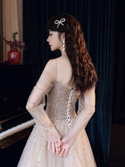 Champagne Prom Dress Tulle Sequin Long Formal Gown Evening Dress