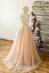 Champagne Prom Dress Tulle Sweetheart Lace Long Formal Dress Evening Dress
