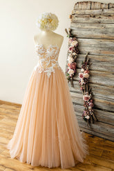 Champagne Prom Dress Tulle Sweetheart Lace Long Formal Dress Evening Dress