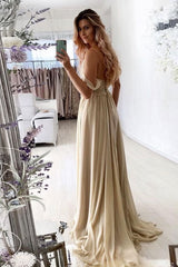 Champagne Prom Dress V Neck Chiffon Lace Long Formal Evening Dress
