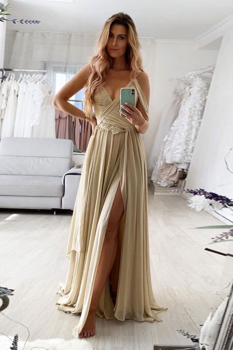 Champagne Prom Dress V Neck Chiffon Lace Long Formal Evening Dress