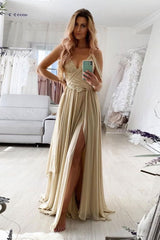 Champagne Prom Dress V Neck Chiffon Lace Long Formal Evening Dress