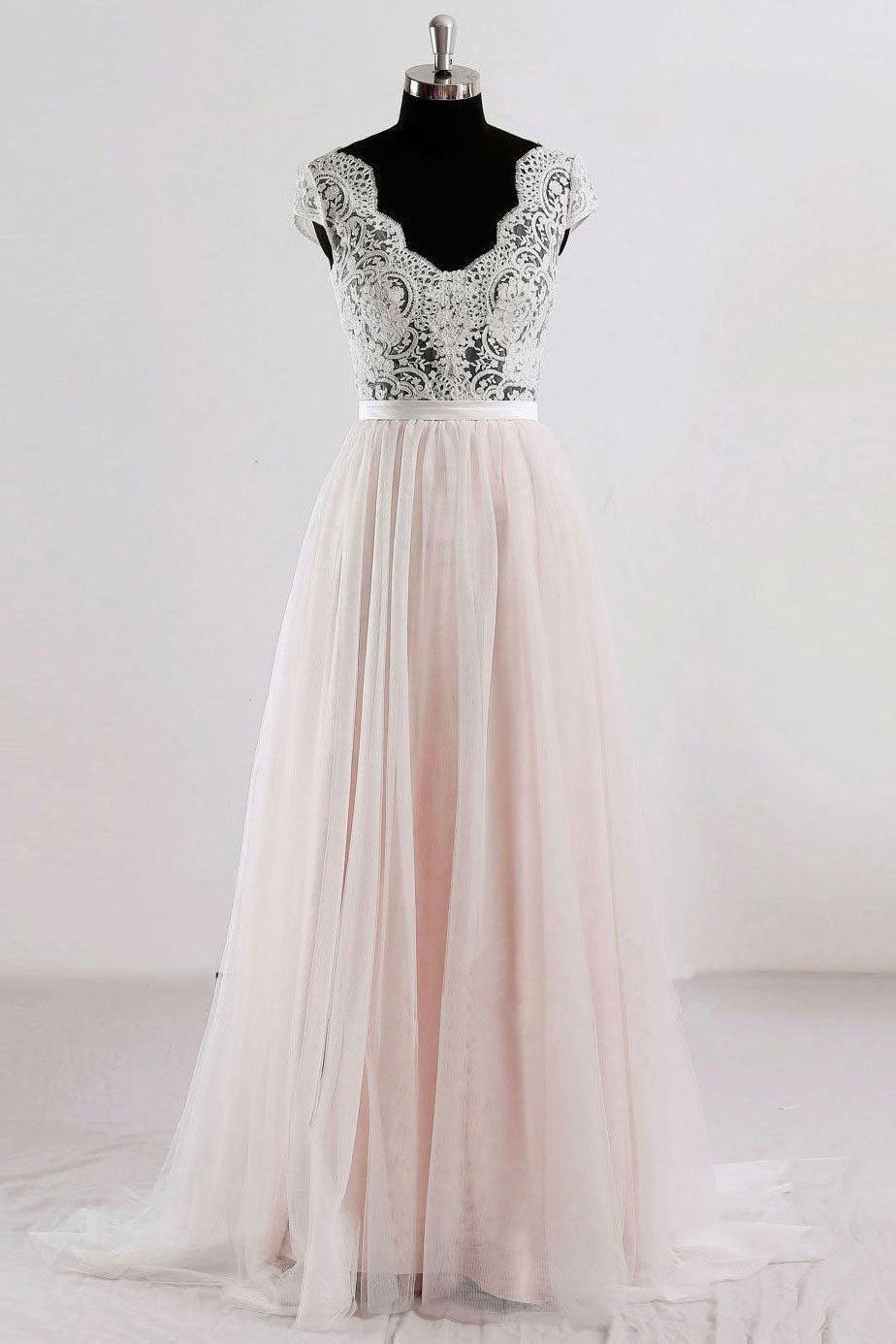 Champagne Prom Dress V Neck Lace Tulle Long Evening Dress