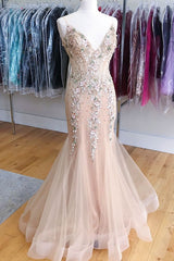 Champagne Prom Dress V Neck Tulle Beaded Mermaid Long Formal Gown Evening Dress