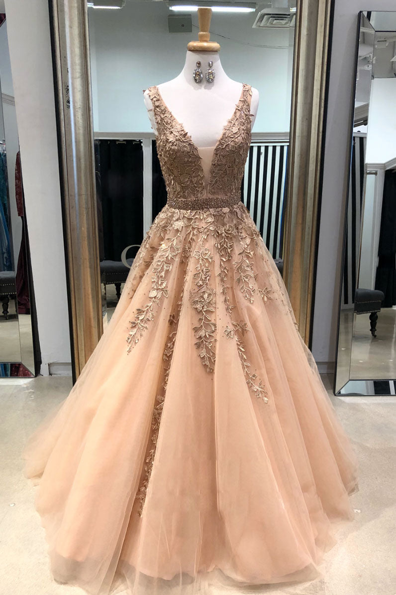 Champagne Prom Dress V Neck Tulle Lace Appliques e Long Formal Gown Evening Dress