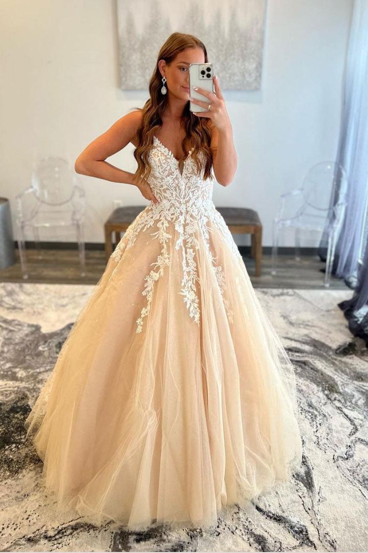 Champagne Prom Dress V Neck Tulle Lace Long Evening Dress
