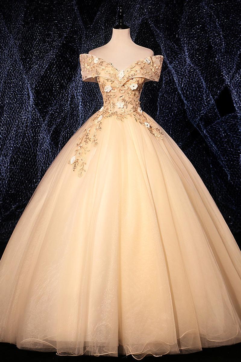 Champagne Prom Dress V Neck Tulle Lace Long Evening Dress