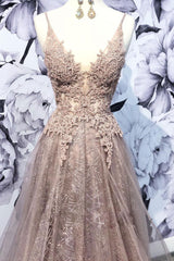 Champagne Prom Dress V Neck Tulle Lace Long Formal Evening Dress