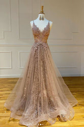 Champagne Prom Dress V Neck Tulle Lace Long Formal Evening Dress