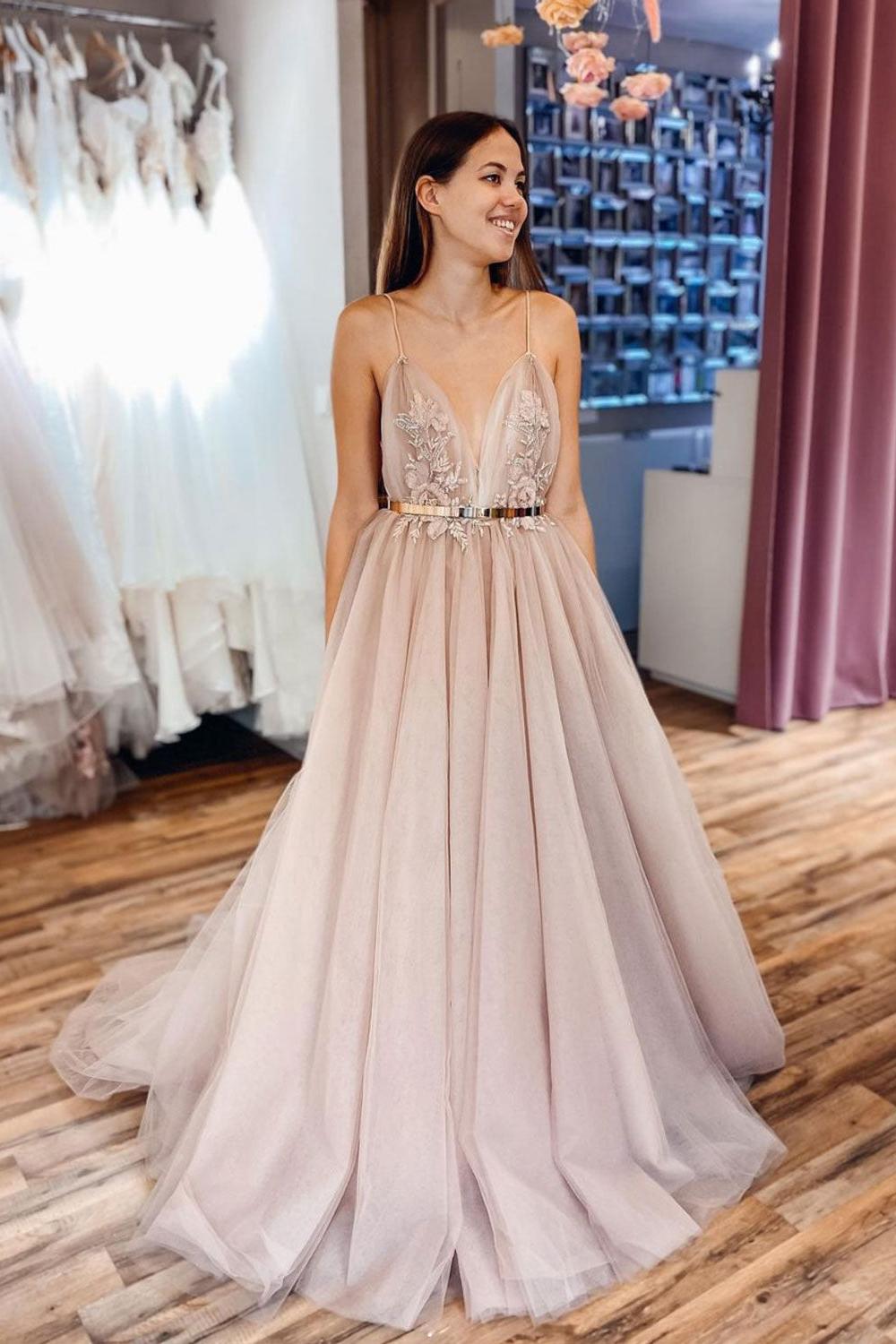 Champagne Prom Dress V Neck Tulle Lace Long Formal Evening Dress