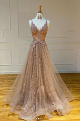 Champagne Prom Dress V Neck Tulle Lace Long Formal Evening Dress