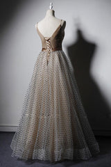 Champagne Prom Dress V Neck Tulle Long Evening Dress
