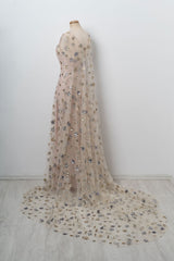 Champagne Prom Dress V Neck Tulle Long Evening Dress