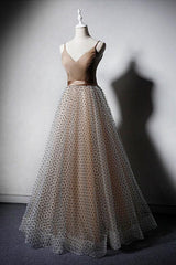 Champagne Prom Dress V Neck Tulle Long Evening Dress