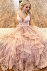Champagne Prom Dress V Neck Tulle Long Evening Dress