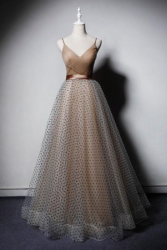 Champagne Prom Dress V Neck Tulle Long Evening Dress