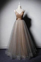 Champagne Prom Dress V Neck Tulle Long Evening Dress